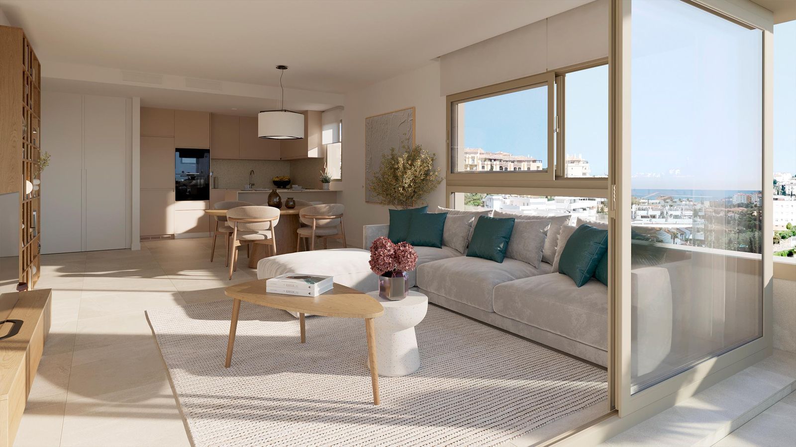 Modern appartement interieur met uitzicht op zee.