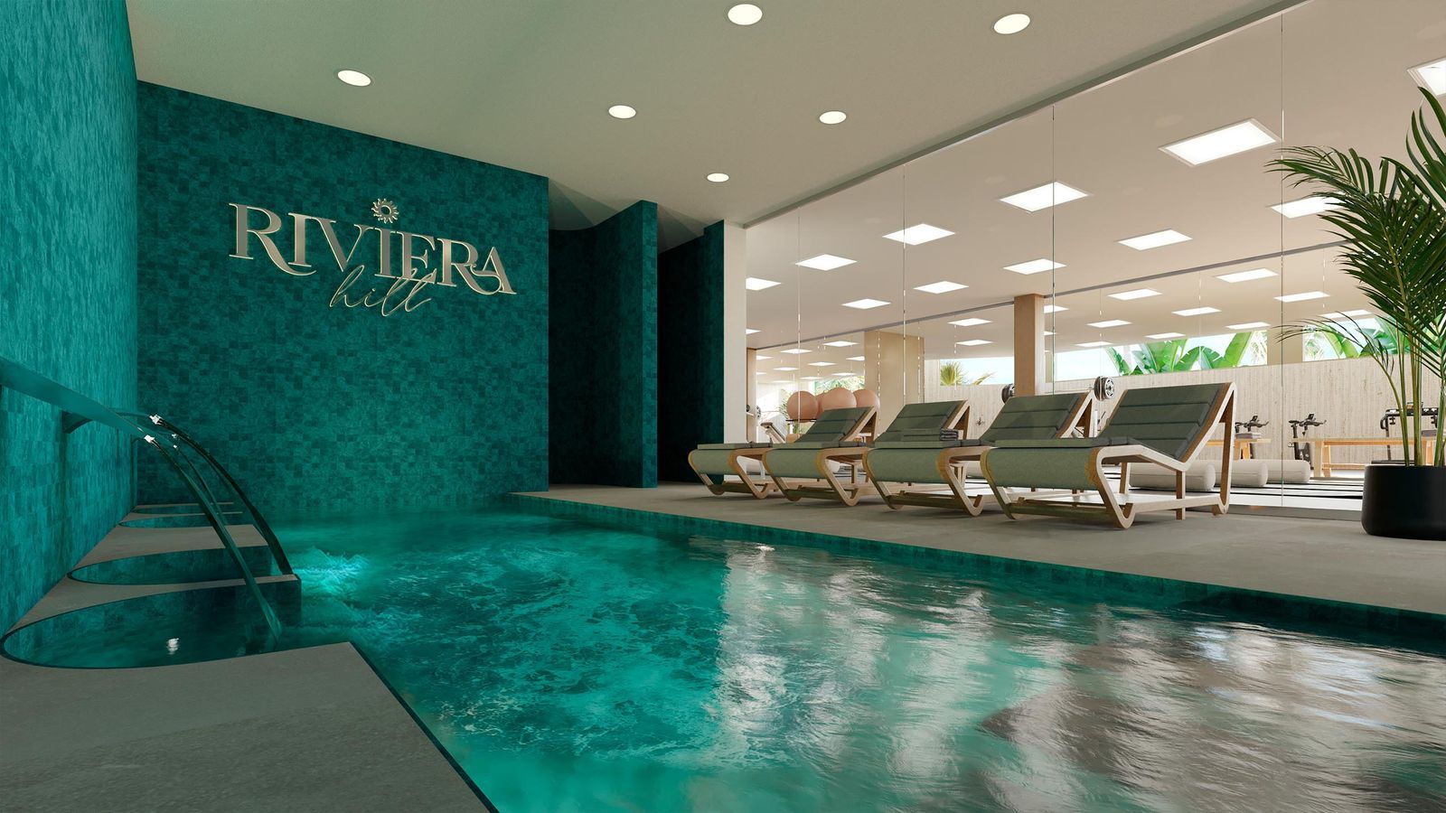 Riviera Hill: Binnenzwembad met fitnessruimte en ligstoelen